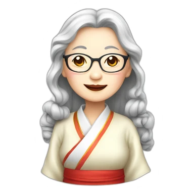 Chinese seniors lady wear glasses has wavy long hair wear Chinese traditional dress show appreciation sign sticker