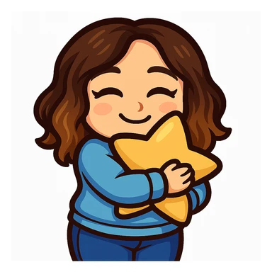 Sticker style chibi emote, matching the attached green heart emote as a base, but with a slightly skinnier body and a bigger chest. Woman from reference, light blue sweater and blue jeans, hugging a star pillow, cute cozy face, no headband, no wand, no green heart, transparent background. Top color should not match jeans. sticker
