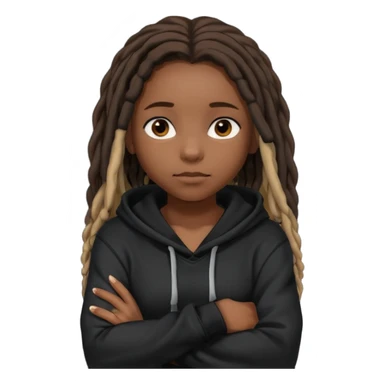 African American dark skin girl with shoulder length dreadlocks wearing a plain black hoodie with her arms folded across her chest sticker