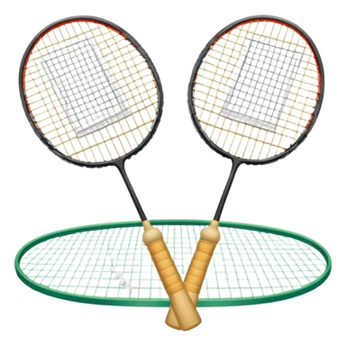 Two crossed badminton rackets with a shuttlecock resting in between, set against the faint outline of a badminton court. The image highlights the tools of the sport, with a subtle emphasis on the court's net and boundaries, symbolizing competition and skill. sticker