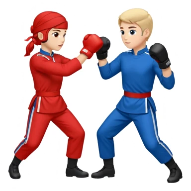 two peope sparring, red uniform and blue unidorm sticker