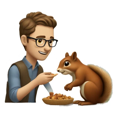 A man with brown hair, glasses and fair skin, feeds a squirrel sticker
