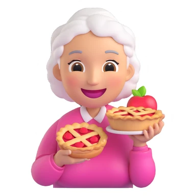 3D smiley emoji, round shape, grandmother holding an apple pie, pink color, smiling face sticker