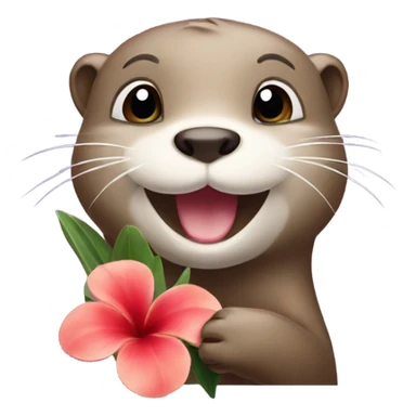 A happy and cute otter face holding a Hawaiian flower sticker