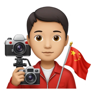 A Chinese man with a Chinese flag and a camera sticker