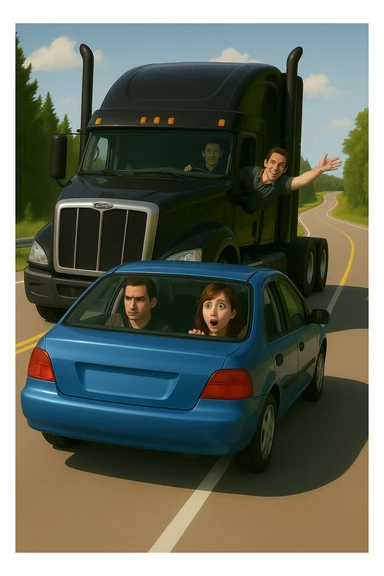 Add a person in the black semi truck with their arm out the window. Keep the scene bright and vibrant, with a person in the car in front. sticker