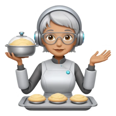 Portrait of a futuristic grandma wearing a sleek kitchen robot suit, mechanical arms mixing dough and holding trays, high-tech baking lab, emoji-style sticker