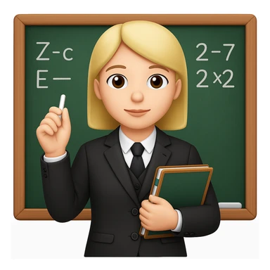Edit the image of a teacher standing in front of a chalkboard in Apple style emoji. The teacher should be holding only chalk, with no apple in hand. Keep the background as is. The style should resemble Apple style emojis. sticker