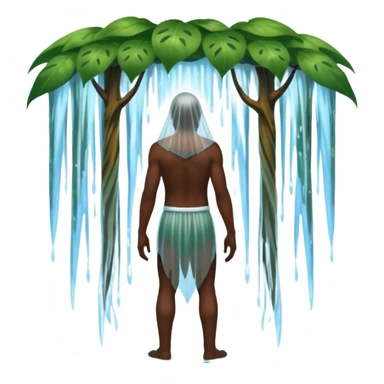 full body dark skin forest spirit man from behind under waterfall veil sticker