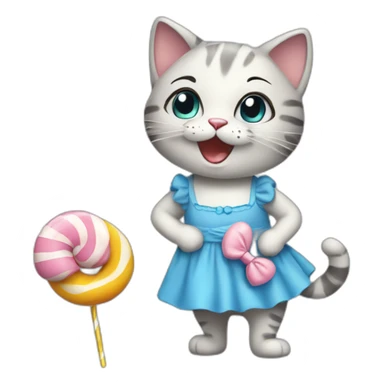 a cheerful cat in a blue dress with candy sticker