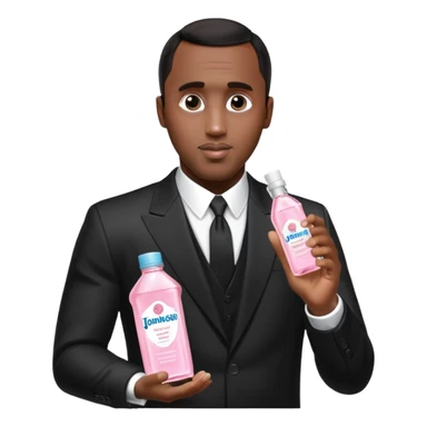 A realistic product shot of a transparent bottle of Johnson’s Baby Oil by Johnson & Johnson, featuring a soft pink label. The oil inside is crystal clear and glossy. Sean "Diddy" Combs in black suit is holding the bottle sticker