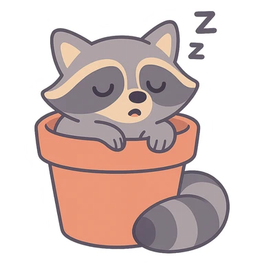 sleepy raccoon inside a flower pot, pastel earthy colors, pastel toon style sticker