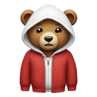 Stuffed bear wearing a hoodie, top half is red, bottom half is white sticker