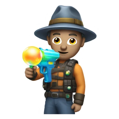 Caucasian man in glowing gear with mask and hat and shooting a bubble gun sticker