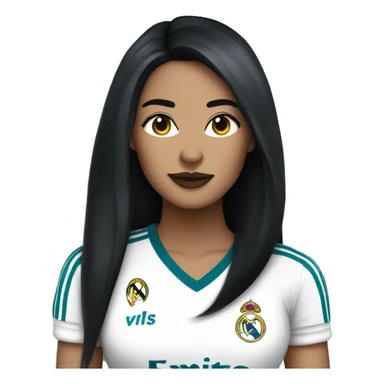Femme fatale with long straight black hair wearing a Real Madrid jersey sticker