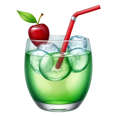Create an emoji with a very clear rounded glass and ice, bright transparent green soda , a smooth vanilla scoop circle shape, a glossy red cherry, using vibrant colors, soft shading, and clear glass highlights.
 sticker