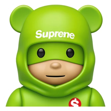 bearbrick toy wearing a lime green balaclava with a Supreme logo print sticker