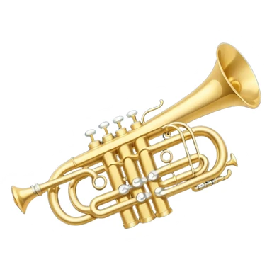 “Flat vector icon of a golden side-view trumpet with mouthpiece, bell, and three valves, thick outline, centered on a deep navy blue rounded-square (or circle); from the bell, 2–3 small white or light-blue music notes with dark outline emerge.  sticker