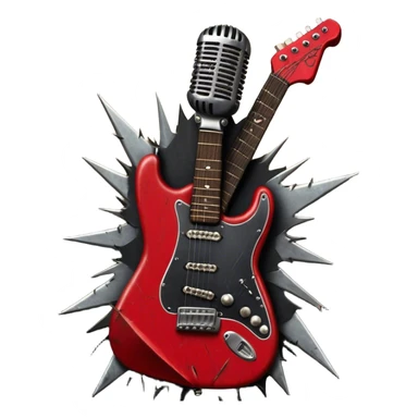 Create a powerful and dynamic humanless emoji representing rock vocals. The design should feature a classic vintage microphone with a rugged, distressed look, surrounded by elements like a guitar pick, electric guitar neck, and sound waves to reflect the raw energy of rock music. Add subtle details such as a spiked bracelet, leather textures, or bold lightning bolts to evoke the rebellious and intense spirit of rock. Use dark, edgy colors like black, red, silver, and metallic accents to emphasize the fierce, loud, and passionate nature of rock vocals. The background should be transparent. sticker