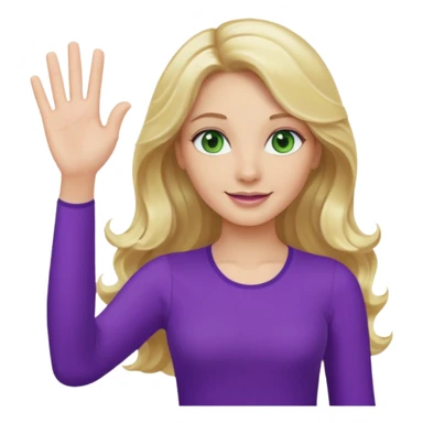 lady with long wavy blonde hair, purple top, green eyes, waving hello sticker