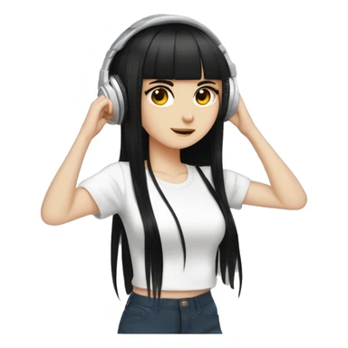 light-skinned girl, 1girl, dark hair, long black hair, bangs, black eyes, blunt  black bangs, white shirt, hime cut, headphones, chillhop sticker