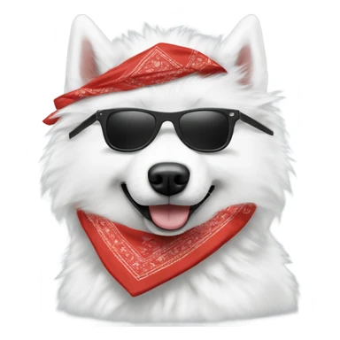 Samoyed wearing a bandana with sunglasses and a cigarette sticker
