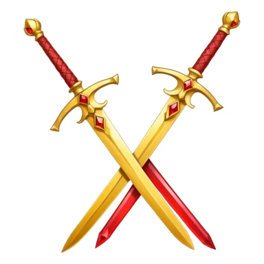 Two crossed swords that are golden in blade and handle and have fiery and royal appearence to them as well as red gem stones yellow in color sticker