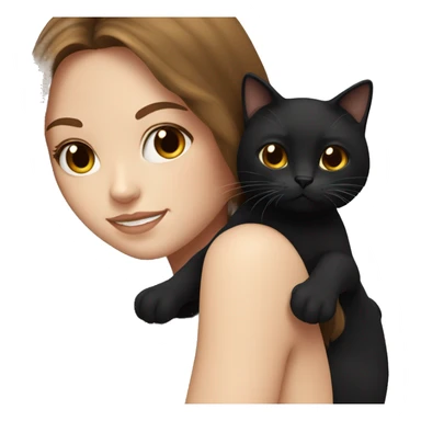 white girl with long brown hair holding fluffy black cat sticker