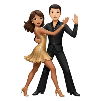 Photorealistic dancesport professional latin couple dancing the rumba at the competition dancefloor, the women is in skinny sparkly dress, the women has brown very long hair, the man has short black hair, the man hold woman's hand by his one hand and his second hand is on the women's waist  sticker