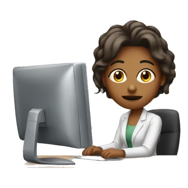 she seems like don't want to work. she is sitting in front of the desk with computer sticker