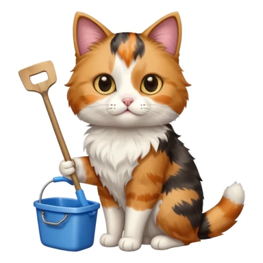 A very cute cat holding a toilet shovel, a litter box beside it sticker