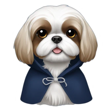 White and brown Shih tzu in navy blue coat with hood sticker