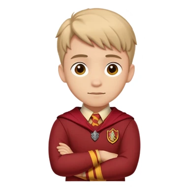 A young adult man slightly to the side looking forward with crossed arms wearing the Gryffindor uniform sticker