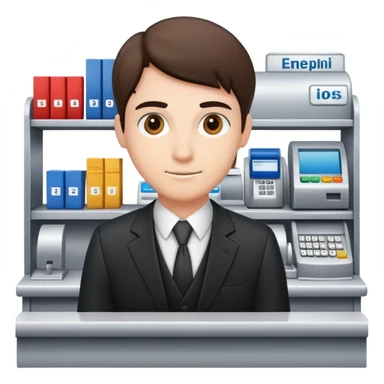 Professional bank clerk in formal attire standing behind a counter sticker
