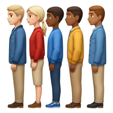 A row of five people standing one behind the other, all facing to the right, side view. sticker