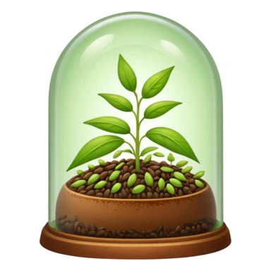 a pile of seeds at the right side and a germinating seed under a glass dome near . Transparent background sticker