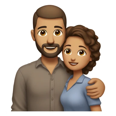 Brown-haired Puerto Rican woman with dark brown eyes wearing a cute blouse giving comforting hug to short, bald man with brown eyes, laugh lines, and a beard sticker