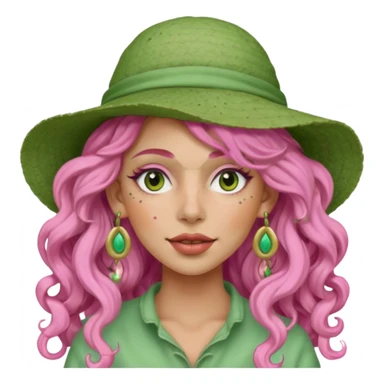 pink haired very long curly haired woman with full full face light green clay mask  and big earrings and hat with full face clay mask sticker