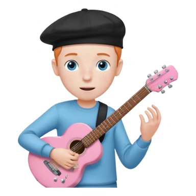 Pale man with light freckles and blue eyes wearing black cap playing a shell pink guitar sticker