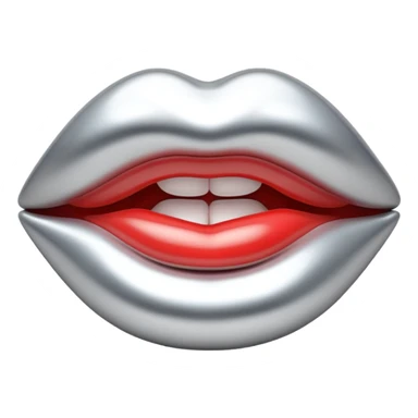 female lips emoji, smooth liquid metal chrome surface, sculpted shape, high-gloss reflections, monochrome futuristic 3D style, isolated on white sticker