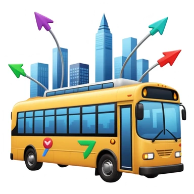 a modern bus at an angle with three colorful arrows pointing to city icons, Apple emoji style sticker