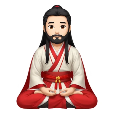 Beautiful man with lightly tan skin and dark long beard, long hair, in red and white Hanfu sitting on the ground sticker