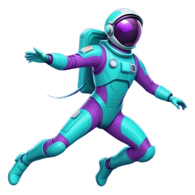 Stylized futuristic astronaut in mid-flight pose, sleek purple and neon teal suit, flat vector design, heroic silhouette, dynamic diagonal motion lines sticker