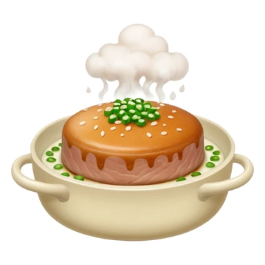 Emoji of a Chinese steamed pork patty in a small dish, topped with chopped scallions and steam rising, soft texture, minimal style. sticker