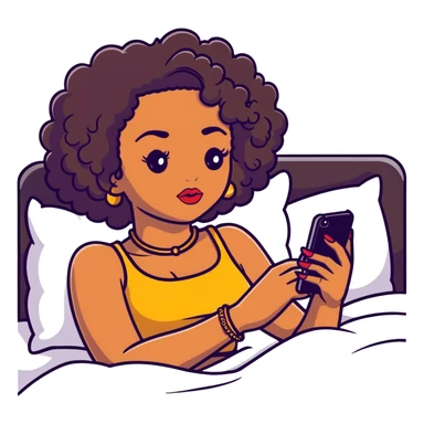 Brown-skinned teenage girl with curly black hair lying on bed looking at smartphone, heavy makeup, big lips, crop top, gold jewelry, choni style outfit sticker