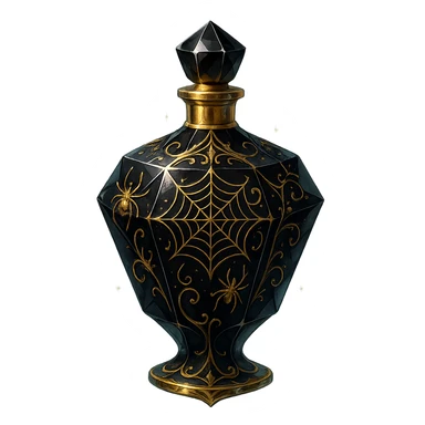 premium class black crystal elixir bottle with lots of shine, facets, ornaments, decorated with spiders and spider webs, golden details, magical effects, very small golden neck, transparent background, beautiful merging base, clearly floating in the air, no base or shadow, very luxurious, matching a collection sticker