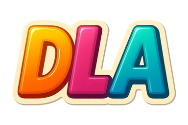 letters 'DLA' in retro sticker style, each letter a different bright color, thick white outline, drop shadow, classic sticker look sticker