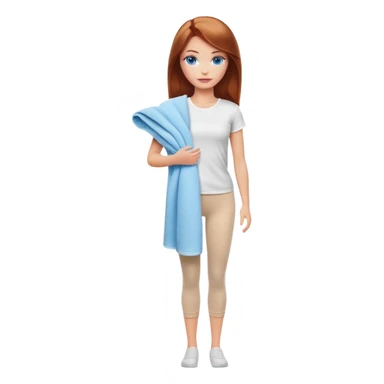 A Barbie girl with blue eyes, shoulder-length reddish-brown hair, made-up, wearing a white T-shirt and beige leggings, holding a towel in her hands sticker