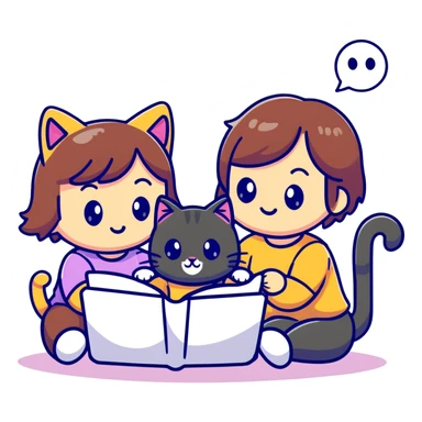two girls watching a cute kitty drawing an emoji, playful cartoon style sticker