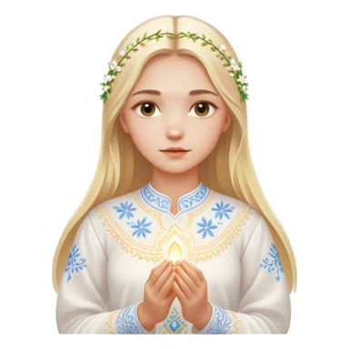 Young Ukrainian girl with blonde hair wearing a traditional white embroidered shirt (vyshyvanka) gently holding a glowing ethereal light representing the soul in her hands sticker